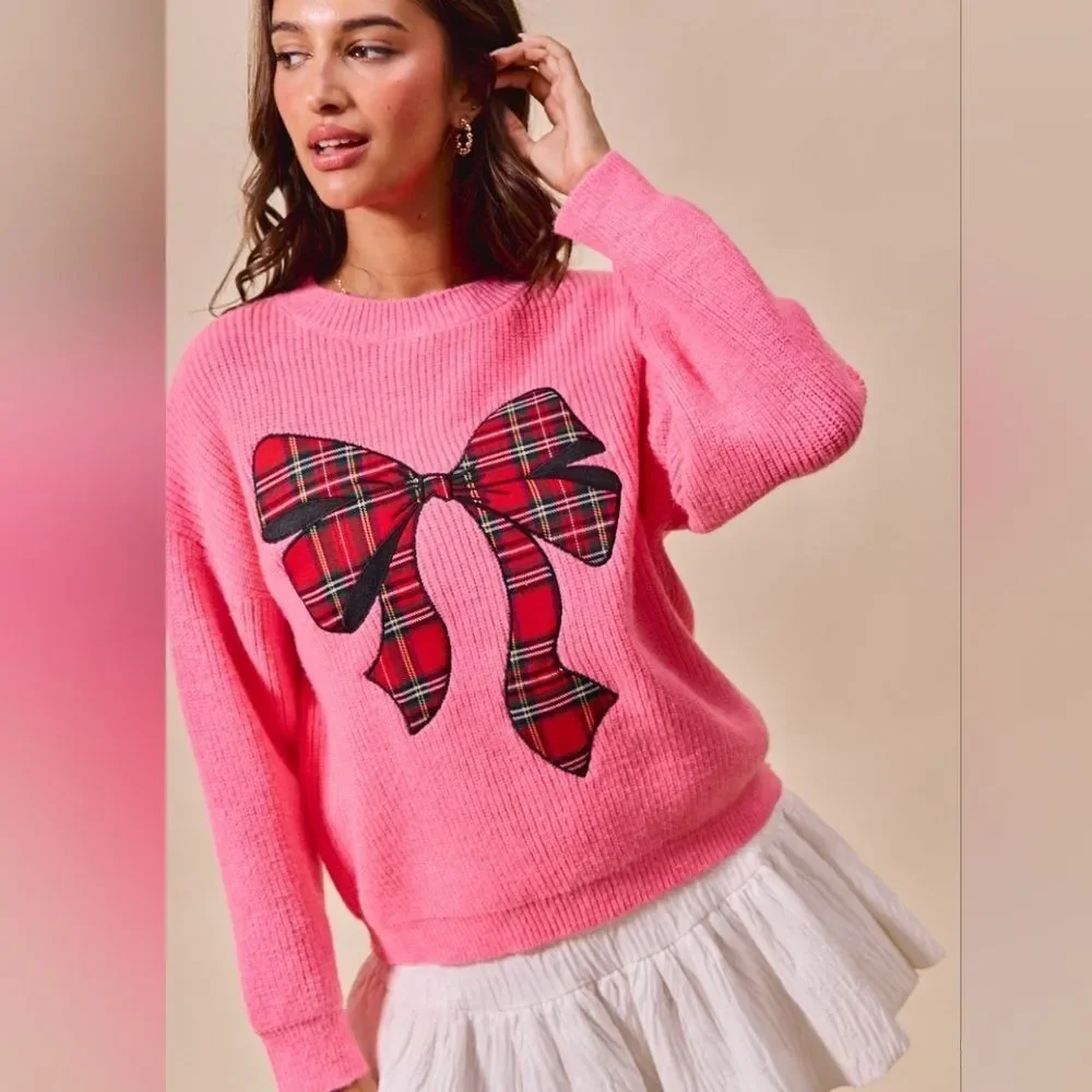 SO ME Women's Pink Plaid Bow Appliqué Sweater Oversized Holiday Knits sz XL